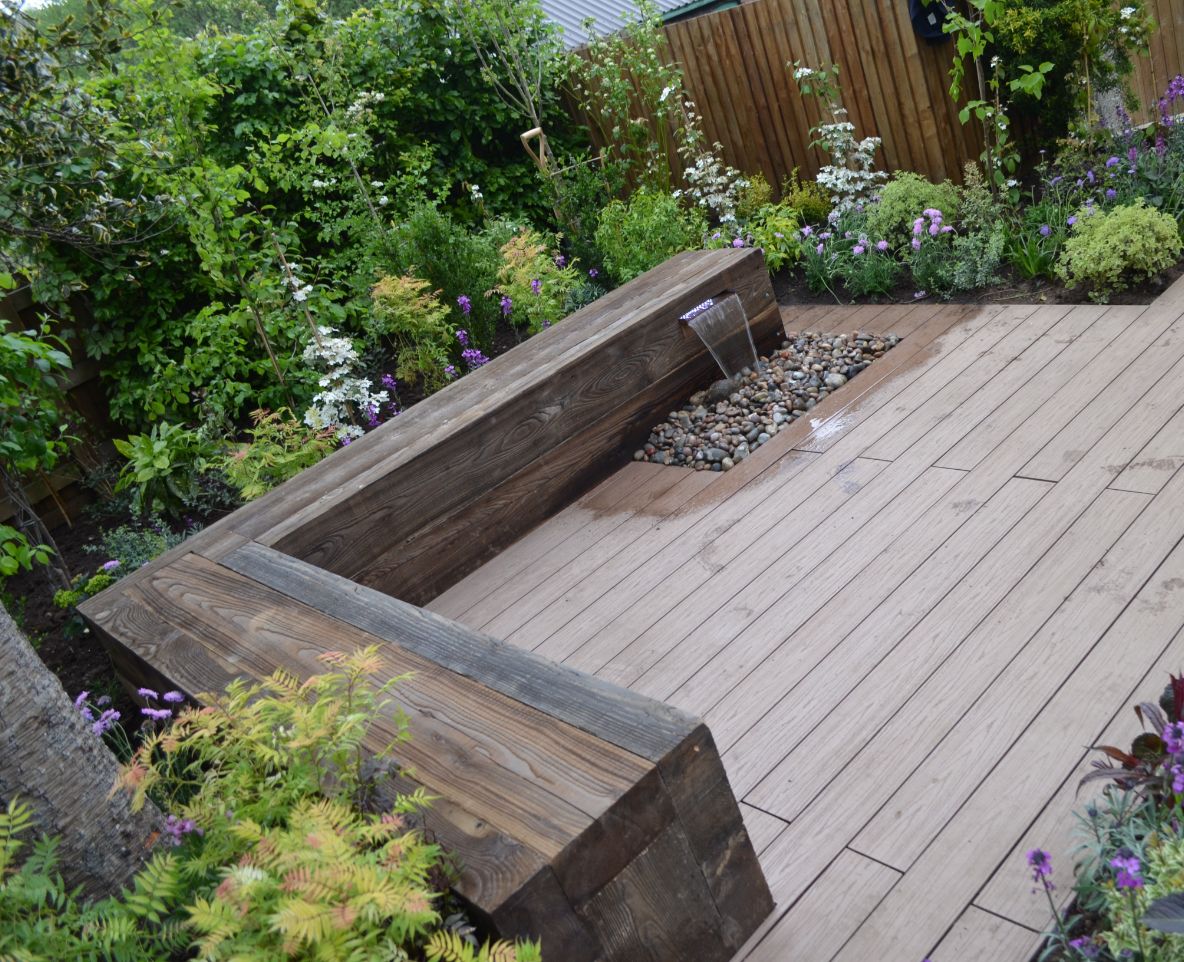 Decorative waterfall feature built into Alchemy Habitat decking